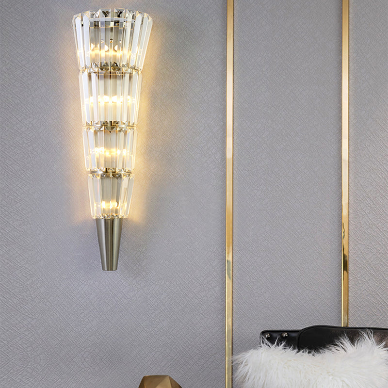 Living Room Tiered Wall Light Fixture with Crystal Block Modern Style LED Wall Lamp in Nickel Finish, 6"/8.5" Width Nickel 8.5" Clearhalo 'Cast Iron' 'Glass' 'Industrial' 'Modern wall lights' 'Modern' 'Tiffany' 'Traditional wall lights' 'Wall Lamps & Sconces' 'Wall Lights' Lighting' 155733