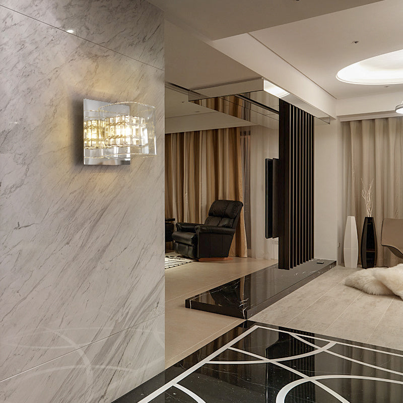 Clear Glass Squared Wall Sconce Contemporary 1 Light Wall Lamp with Inner Wire Shade in Chrome for Corridor Chrome Clearhalo 'Modern wall lights' 'Modern' 'Wall Lamps & Sconces' 'Wall Lights' Lighting' 155737