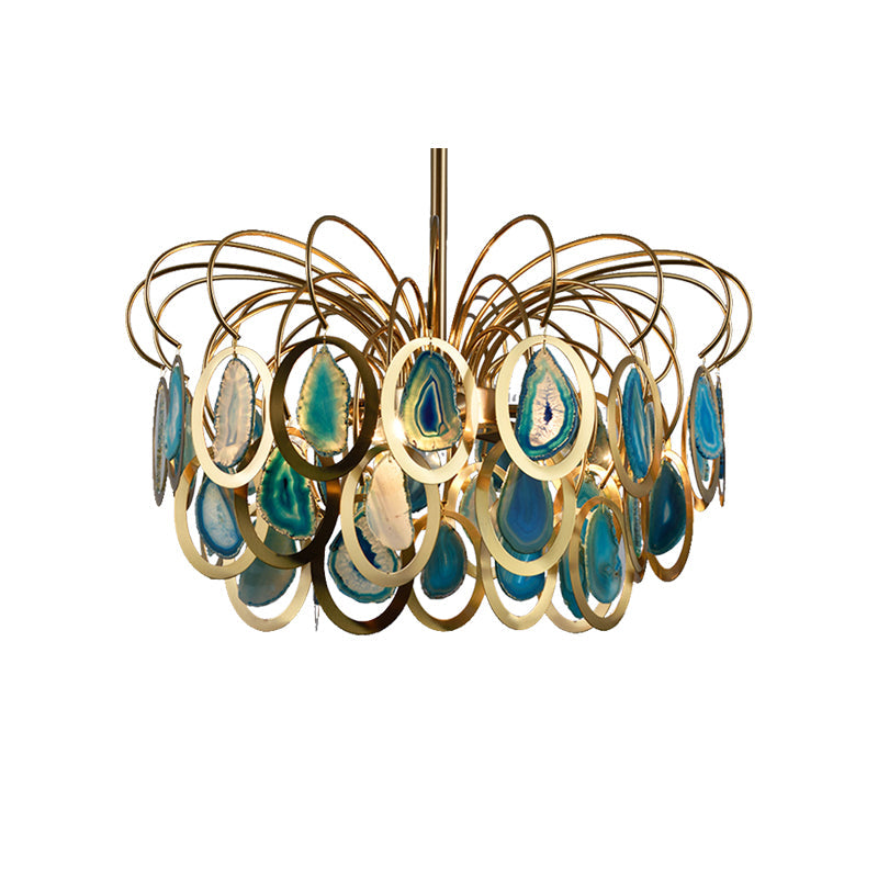 Green Peacock Feather Chandelier Light Modern 5-Head Iron Ceiling Hanging Pendant with Agates Clearhalo 'Ceiling Lights' 'Chandeliers' 'Modern Chandeliers' 'Modern' Lighting' 155759