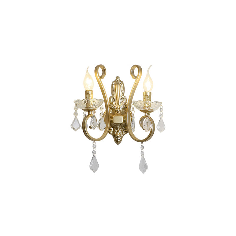 Flameless Candle Wall Lighting Vintage Metal 2 Heads Wall Sconce Light with Crystal Deco and Curved Arm in Brass Clearhalo 'Cast Iron' 'Glass' 'Industrial' 'Modern wall lights' 'Modern' 'Tiffany' 'Traditional wall lights' 'Wall Lamps & Sconces' 'Wall Lights' Lighting' 155802