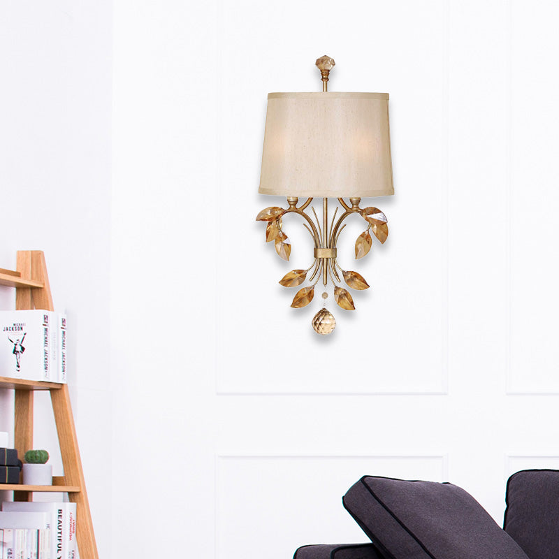 2 Bulbs Cone Wall Sconce Contemporary Fabric Wall Lamp with Amber Crystal Leaf Branch in Brass Finish Clearhalo 'Cast Iron' 'Glass' 'Industrial' 'Modern wall lights' 'Modern' 'Tiffany' 'Traditional wall lights' 'Wall Lamps & Sconces' 'Wall Lights' Lighting' 155806