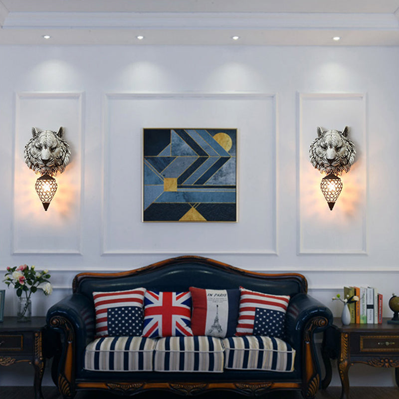 Yellow/Gray Tiger Sconce Lighting Country Style Resin 1 Bulb Wall Lamp with Clear Crystal Shade for Children Room Clearhalo 'Cast Iron' 'Glass' 'Industrial' 'Modern wall lights' 'Modern' 'Tiffany' 'Traditional wall lights' 'Wall Lamps & Sconces' 'Wall Lights' Lighting' 155913