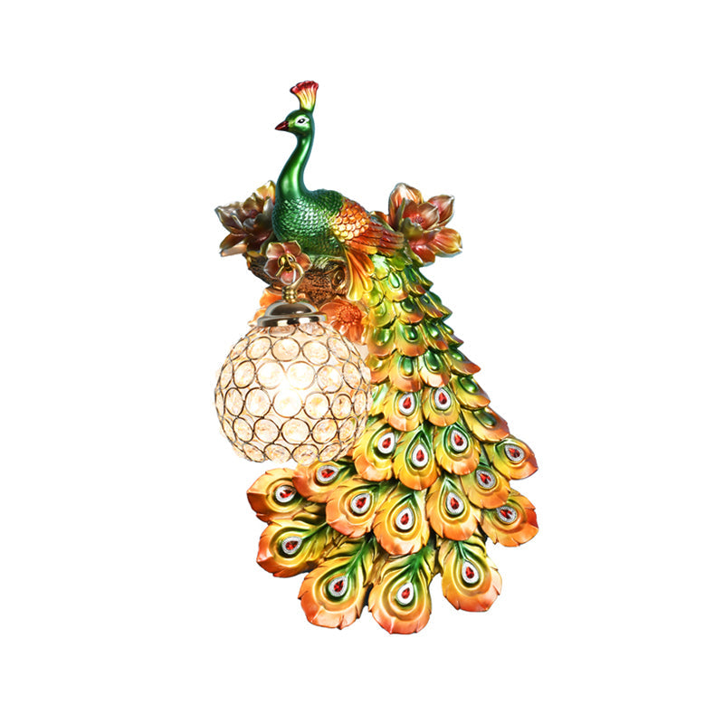 Blue/White Peacock Wall Mounted Light 1 Light Loft Style Resin 1/2-Pack Wall Lamp with Dome Crystal Shade, Double/Right/Left Clearhalo 'Wall Lamps & Sconces' 'Wall Lights' Lighting' 156061