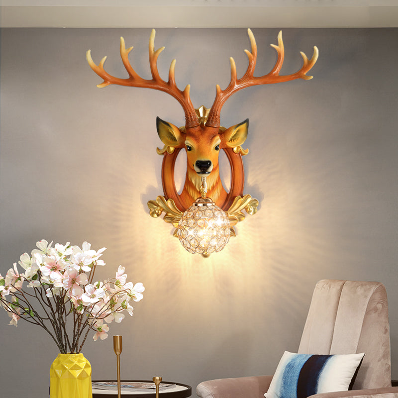 Crystal Ball Shade Wall Lighting with Elk Backplate 1 Light Countryside Sconce Light Fixture in White/Gold Clearhalo 'Wall Lamps & Sconces' 'Wall Lights' Lighting' 156088
