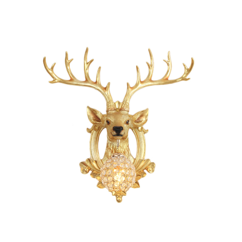 Crystal Ball Shade Wall Lighting with Elk Backplate 1 Light Countryside Sconce Light Fixture in White/Gold Clearhalo 'Wall Lamps & Sconces' 'Wall Lights' Lighting' 156093