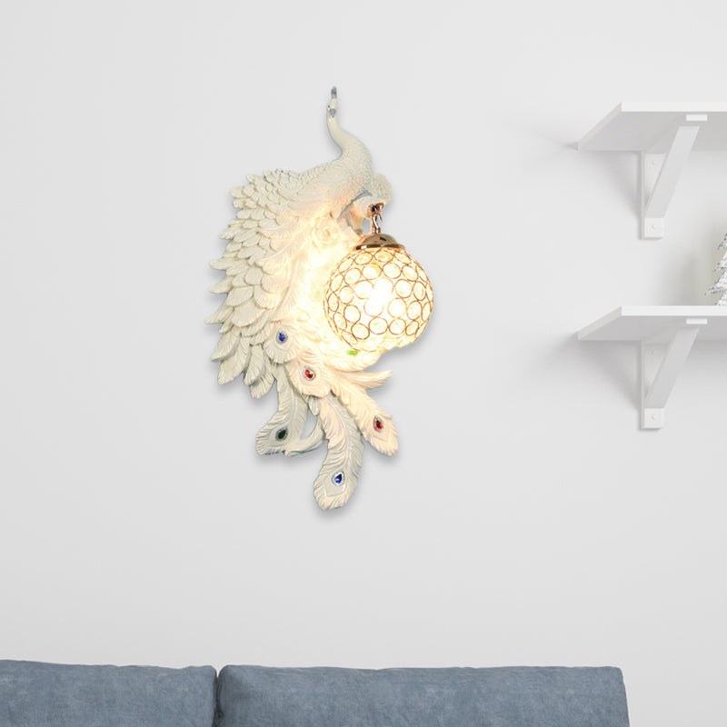 Double/Right/Left Peacock Wall Lamp Country Resin 1 Bulb Sconce Light Fixture with Clear Crystal Shade in White/Blue Finish, 1/2-Pack White Left Clearhalo 'Wall Lamps & Sconces' 'Wall Lights' Lighting' 156219