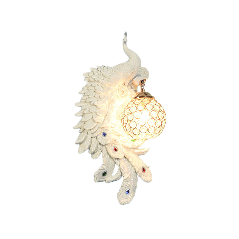 Double/Right/Left Peacock Wall Lamp Country Resin 1 Bulb Sconce Light Fixture with Clear Crystal Shade in White/Blue Finish, 1/2-Pack Clearhalo 'Wall Lamps & Sconces' 'Wall Lights' Lighting' 156221