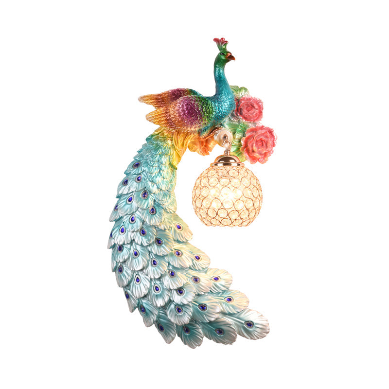 1/2-Pack Blue/Green Peacock Wall Light Fixture 8"/10" Wide 1 Head Retro Style Resin Wall Lamp with Crystal Global Shade, Left/Right Clearhalo 'Wall Lamps & Sconces' 'Wall Lights' Lighting' 156248