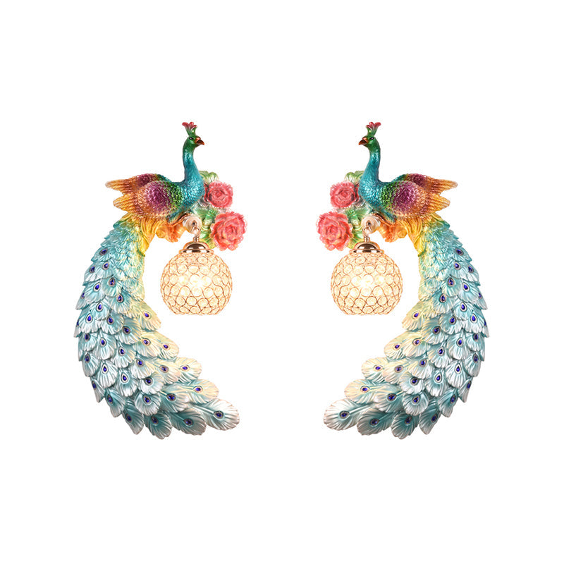 1/2-Pack Blue/Green Peacock Wall Light Fixture 8"/10" Wide 1 Head Retro Style Resin Wall Lamp with Crystal Global Shade, Left/Right Clearhalo 'Wall Lamps & Sconces' 'Wall Lights' Lighting' 156251
