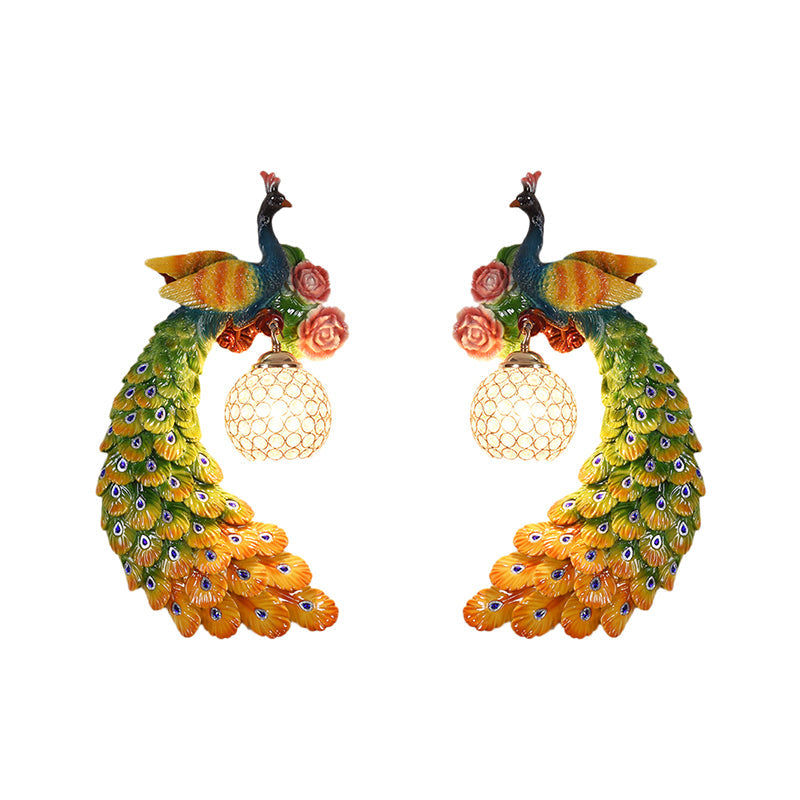1/2-Pack Blue/Green Peacock Wall Light Fixture 8"/10" Wide 1 Head Retro Style Resin Wall Lamp with Crystal Global Shade, Left/Right Clearhalo 'Wall Lamps & Sconces' 'Wall Lights' Lighting' 156267
