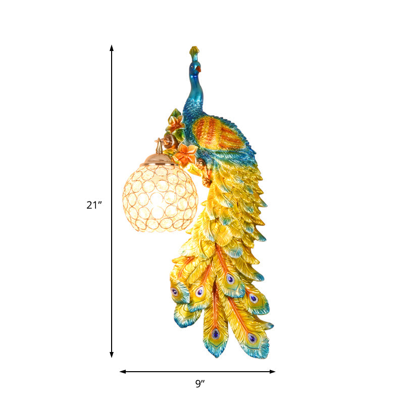 1/2-Pack Peacock Wall Light Country Style Resin 1 Head Wall Sconce with Dome Crystal Shade in White/Blue Finish, Left/Right Clearhalo 'Wall Lamps & Sconces' 'Wall Lights' Lighting' 156272
