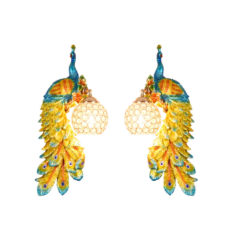 1/2-Pack Peacock Wall Light Country Style Resin 1 Head Wall Sconce with Dome Crystal Shade in White/Blue Finish, Left/Right Clearhalo 'Wall Lamps & Sconces' 'Wall Lights' Lighting' 156275