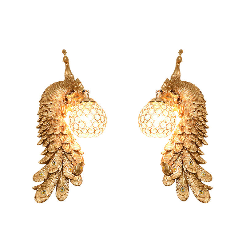 1/2-Pack Peacock Wall Light Country Style Resin 1 Head Wall Sconce with Dome Crystal Shade in White/Blue Finish, Left/Right Clearhalo 'Wall Lamps & Sconces' 'Wall Lights' Lighting' 156289