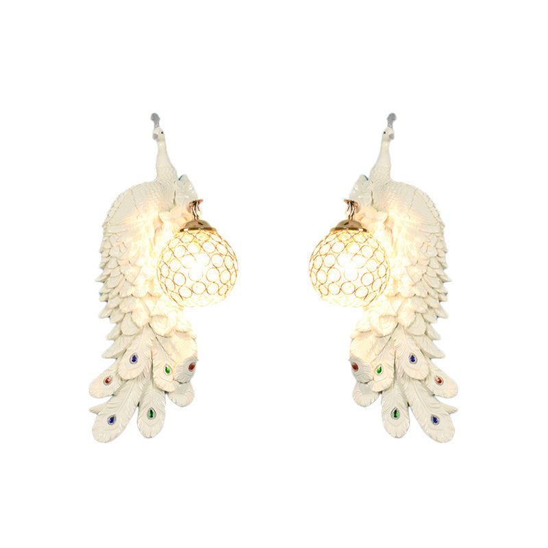 1/2-Pack Peacock Wall Light Country Style Resin 1 Head Wall Sconce with Dome Crystal Shade in White/Blue Finish, Left/Right Clearhalo 'Wall Lamps & Sconces' 'Wall Lights' Lighting' 156296