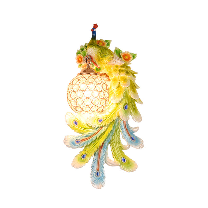 Domed Wall Light Sconce Loft Style Crystal and Resin 1 Head Wall Lamp with Left/Right Peacock Backplate in Gold/Green, 1/2 Packs Clearhalo 'Wall Lamps & Sconces' 'Wall Lights' Lighting' 156327