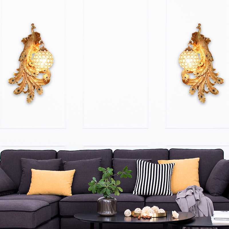 1 Light Blue/Gold Peacock Wall Lamp Country Resin 1/2-Pack Sconce Lighting with Crystal Globe Shade, Double/Right/Left Gold Double Clearhalo 'Modern wall lights' 'Modern' 'Wall Lamps & Sconces' 'Wall Lights' Lighting' 156361