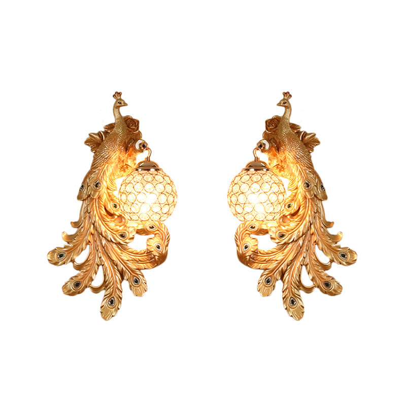 1 Light Blue/Gold Peacock Wall Lamp Country Resin 1/2-Pack Sconce Lighting with Crystal Globe Shade, Double/Right/Left Clearhalo 'Modern wall lights' 'Modern' 'Wall Lamps & Sconces' 'Wall Lights' Lighting' 156362