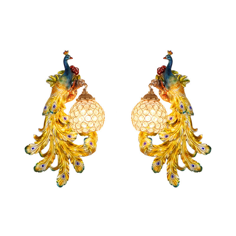 1 Light Blue/Gold Peacock Wall Lamp Country Resin 1/2-Pack Sconce Lighting with Crystal Globe Shade, Double/Right/Left Clearhalo 'Modern wall lights' 'Modern' 'Wall Lamps & Sconces' 'Wall Lights' Lighting' 156371