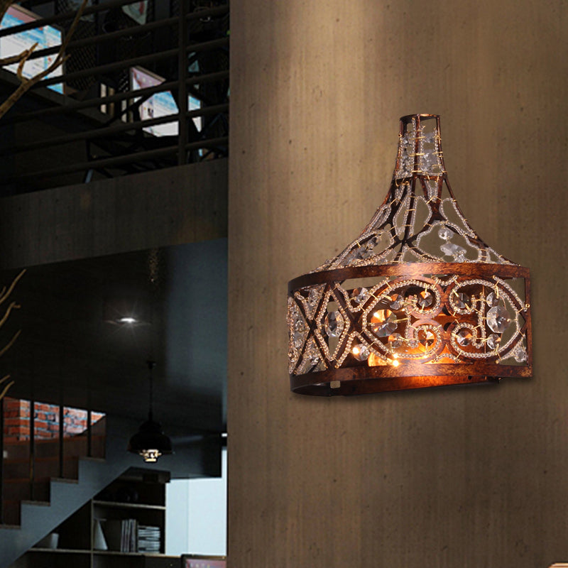 Dark Rust Drum Wall Light Fixture 2 Lights Antique Style Wrought Iron Wall Lamp with Crystal Bead for Corridor Clearhalo 'Art deco wall lights' 'Cast Iron' 'Glass' 'Industrial wall lights' 'Industrial' 'Middle century wall lights' 'Modern' 'Rustic wall lights' 'Tiffany' 'Traditional wall lights' 'Wall Lamps & Sconces' 'Wall Lights' Lighting' 156594
