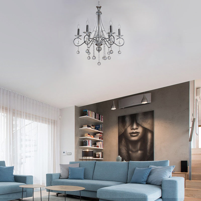 6 Bulbs Flameless Candle Chandelier Lighting with Clear Crystal Accent Vintage Stylish Pendant Lamp in Chrome Chrome Clearhalo 'Ceiling Lights' 'Chandeliers' Lighting' options 156766_425c677c-8942-4553-90b0-0bc74513fcaa