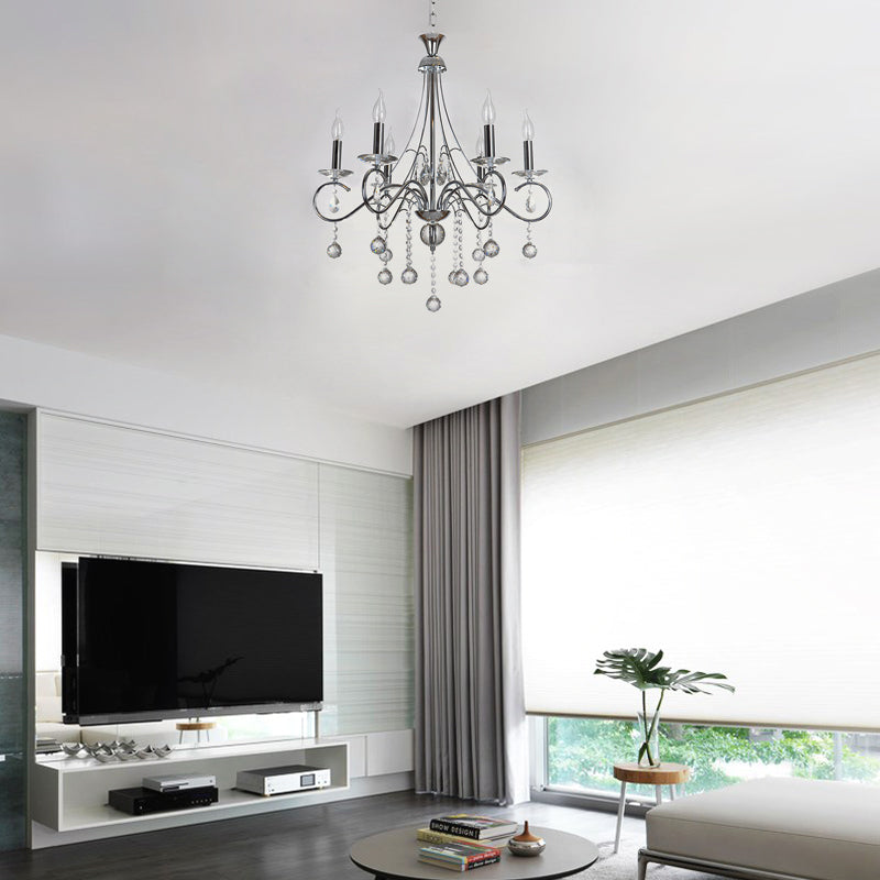 6 Bulbs Flameless Candle Chandelier Lighting with Clear Crystal Accent Vintage Stylish Pendant Lamp in Chrome Clearhalo 'Ceiling Lights' 'Chandeliers' Lighting' options 156767