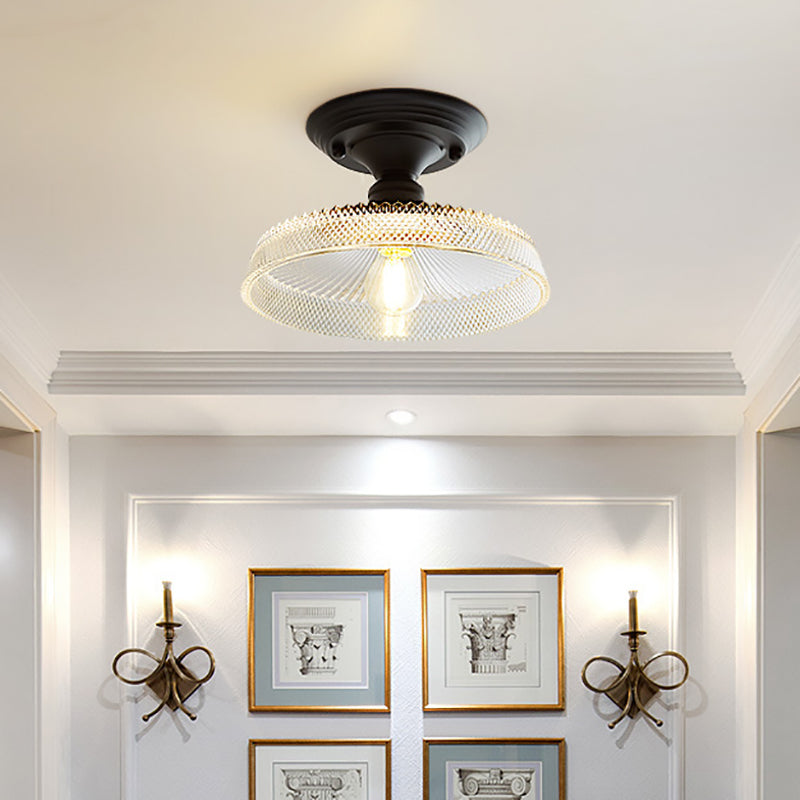 One Light Semi Flush Vintage Textured Glass Barn/Dome/Wavy Living Room Ceiling Lighting in Clear Clear Barn Clearhalo 'Ceiling Lights' 'Close To Ceiling Lights' 'Close to ceiling' 'Glass shade' 'Glass' 'Semi-flushmount' Lighting' 157920