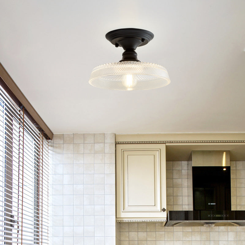 One Light Semi Flush Vintage Textured Glass Barn/Dome/Wavy Living Room Ceiling Lighting in Clear Clearhalo 'Ceiling Lights' 'Close To Ceiling Lights' 'Close to ceiling' 'Glass shade' 'Glass' 'Semi-flushmount' Lighting' 157921