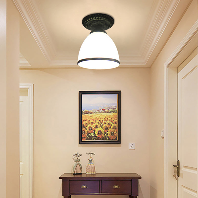 1 Light Barn/Dome/Flower Shade Semi Flush Light Industrial Milky Glass Ceiling Mount for Gallery in Black White Dome Clearhalo 'Ceiling Lights' 'Close To Ceiling Lights' 'Close to ceiling' 'Glass shade' 'Glass' 'Island Lights' 'Semi-flushmount' Lighting' 157953