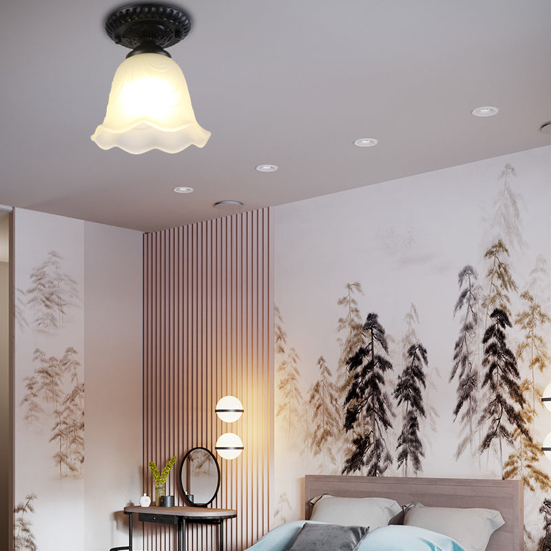 1 Light Barn/Dome/Flower Shade Semi Flush Light Industrial Milky Glass Ceiling Mount for Gallery in Black White Flower Clearhalo 'Ceiling Lights' 'Close To Ceiling Lights' 'Close to ceiling' 'Glass shade' 'Glass' 'Island Lights' 'Semi-flushmount' Lighting' 157957