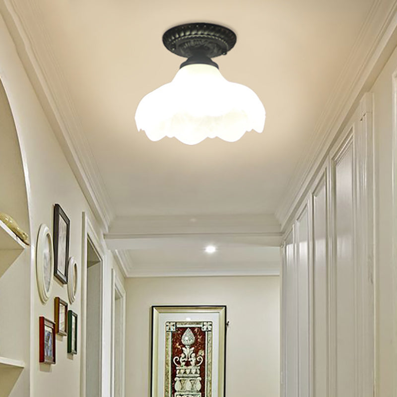 1 Light Barn/Dome/Flower Shade Semi Flush Light Industrial Milky Glass Ceiling Mount for Gallery in Black White Barn Clearhalo 'Ceiling Lights' 'Close To Ceiling Lights' 'Close to ceiling' 'Glass shade' 'Glass' 'Island Lights' 'Semi-flushmount' Lighting' 157960