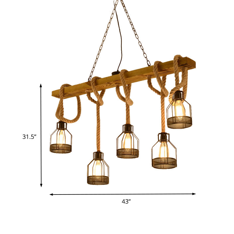 5 Heads Hanging Light Retro Industrial Wire Cage Metal Island Lighting with Adjustable Rope in Brown Clearhalo 'Ceiling Lights' 'Island Lights' Lighting' 157985