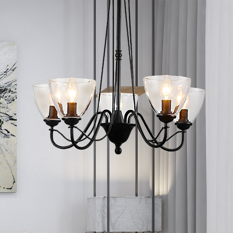 3/5/6-Light Tapered Chandelier Modern Black Clear Glass Pendant Light Fixture for Living Room 5 Clear Clearhalo 'Ceiling Lights' 'Chandeliers' 'Clear' 'Glass shade' 'Glass' 'Industrial Chandeliers' 'Industrial' 'Middle Century Chandeliers' 'Modern' 'Tiffany' 'Traditional Chandeliers' Lighting' 158058