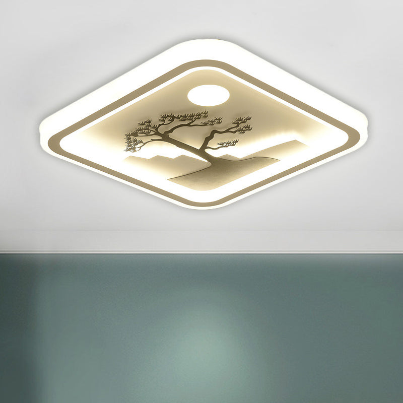 Square/Round Ceiling Fixture Modernist Acrylic LED White Flush Mount Lighting with Bird/Tree Pattern White Square Tree Clearhalo 'Ceiling Lights' 'Close To Ceiling Lights' 'Close to ceiling' 'Flush mount' Lighting' 1580659