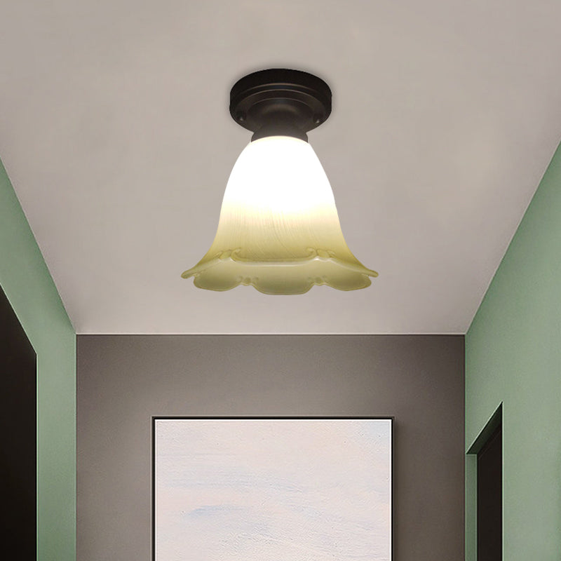 Single Head Flush Lamp Cottage Flower White Glass Ceiling Flush Mount Light in Black White Clearhalo 'Ceiling Lights' 'Close To Ceiling Lights' 'Close to ceiling' 'Flush mount' Lighting' 1580686