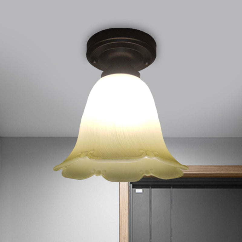 Single Head Flush Lamp Cottage Flower White Glass Ceiling Flush Mount Light in Black Clearhalo 'Ceiling Lights' 'Close To Ceiling Lights' 'Close to ceiling' 'Flush mount' Lighting' 1580687
