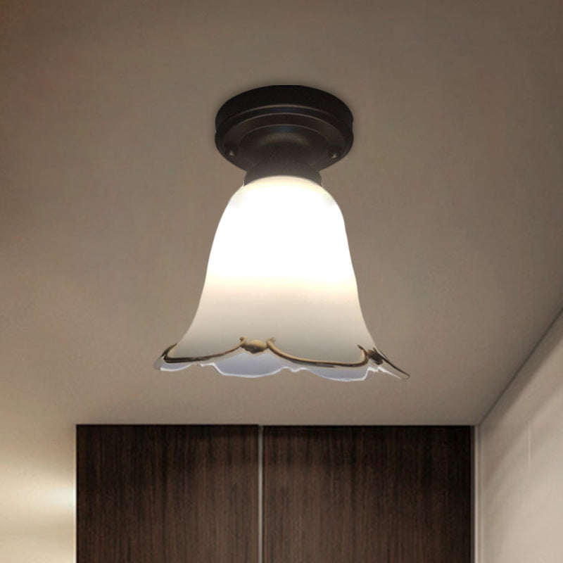 Bloom Hallway Ceiling Light Rustic Style White Glass 1 Bulb Black Flush Mount Fixture Clearhalo 'Ceiling Lights' 'Close To Ceiling Lights' 'Close to ceiling' 'Flush mount' Lighting' 1580768