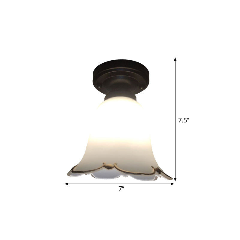Bloom Hallway Ceiling Light Rustic Style White Glass 1 Bulb Black Flush Mount Fixture Clearhalo 'Ceiling Lights' 'Close To Ceiling Lights' 'Close to ceiling' 'Flush mount' Lighting' 1580770