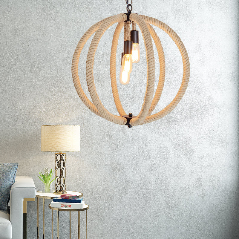 Orb Shade Hallway Chandelier Hanging Light Retro Style Hemp Rope 3 Lights Beige Ceiling Lamp Clearhalo 'Ceiling Lights' 'Chandeliers' Lighting' options 158235