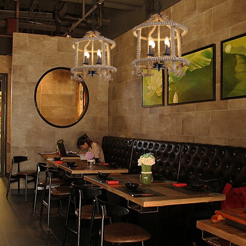 Roped Cage Shade Pendant Lamp Lodge Stylish 4 Lights Restaurant Hanging Light Fixture in Brown Brown Clearhalo 'Ceiling Lights' 'Chandeliers' Lighting' options 158271_dec1dd90-6603-47a9-a9b6-218306d63c46