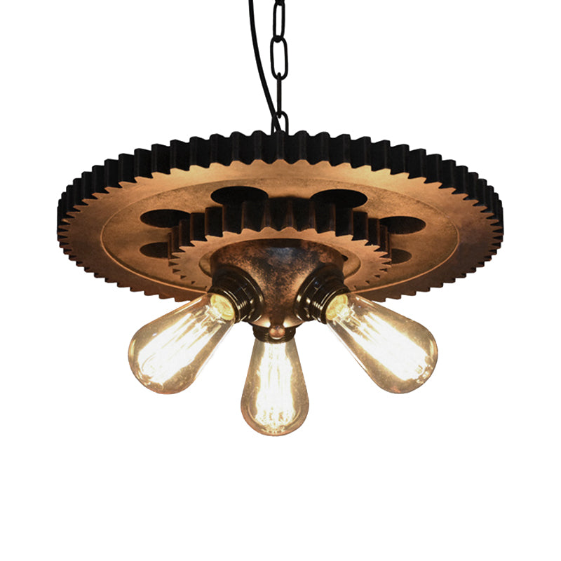 Dark Rust Exposed Bulb Pendant Light Retro Industrial Metal 3 Heads Restaurant Chandelier Lighting with Gear Decoration Clearhalo 'Cast Iron' 'Ceiling Lights' 'Chandeliers' 'Industrial Chandeliers' 'Industrial' 'Metal' 'Middle Century Chandeliers' 'Rustic Chandeliers' 'Tiffany' Lighting' 158325