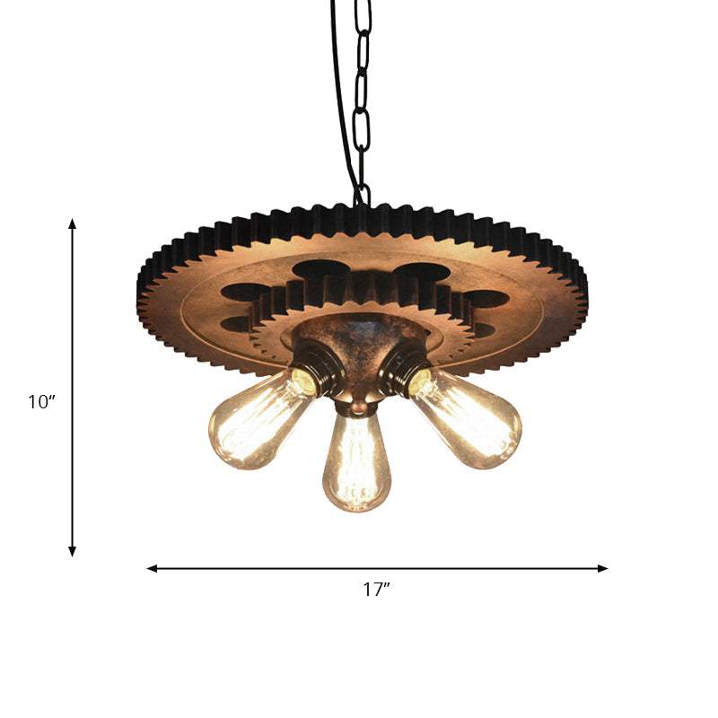 Dark Rust Exposed Bulb Pendant Light Retro Industrial Metal 3 Heads Restaurant Chandelier Lighting with Gear Decoration Clearhalo 'Cast Iron' 'Ceiling Lights' 'Chandeliers' 'Industrial Chandeliers' 'Industrial' 'Metal' 'Middle Century Chandeliers' 'Rustic Chandeliers' 'Tiffany' Lighting' 158326