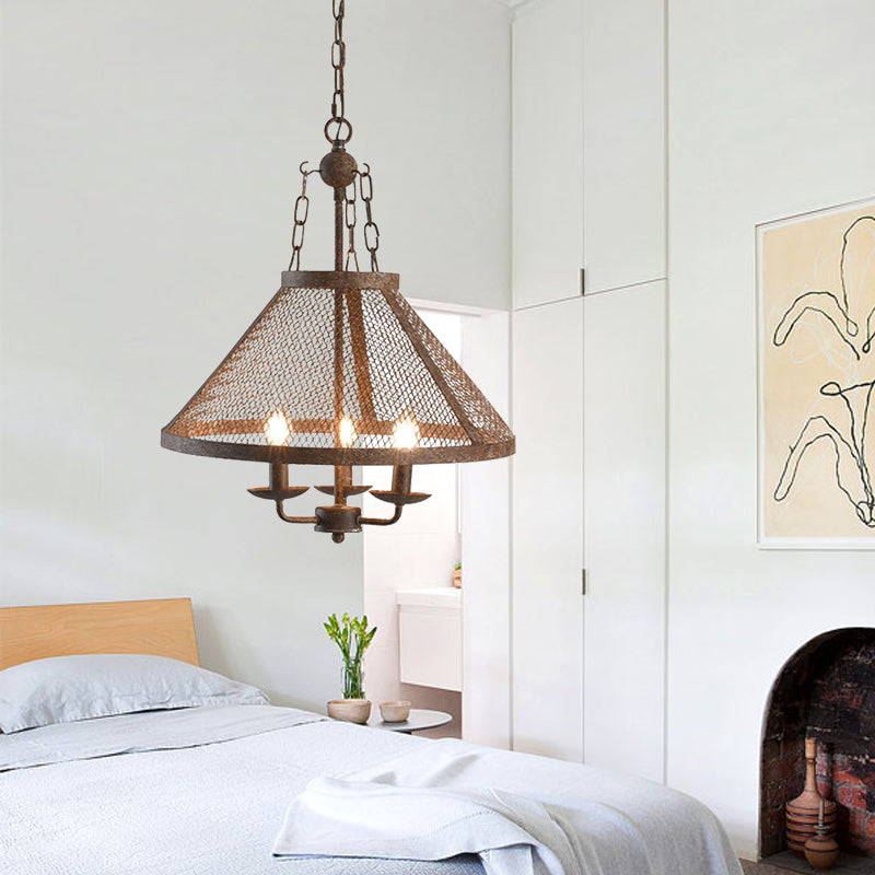 Antique Mesh Flared Pendant Light with Candle 3 Lights Metal Chandelier Lamp in Dark Rust for Dining Room Clearhalo 'Ceiling Lights' 'Chandeliers' Lighting' options 158344