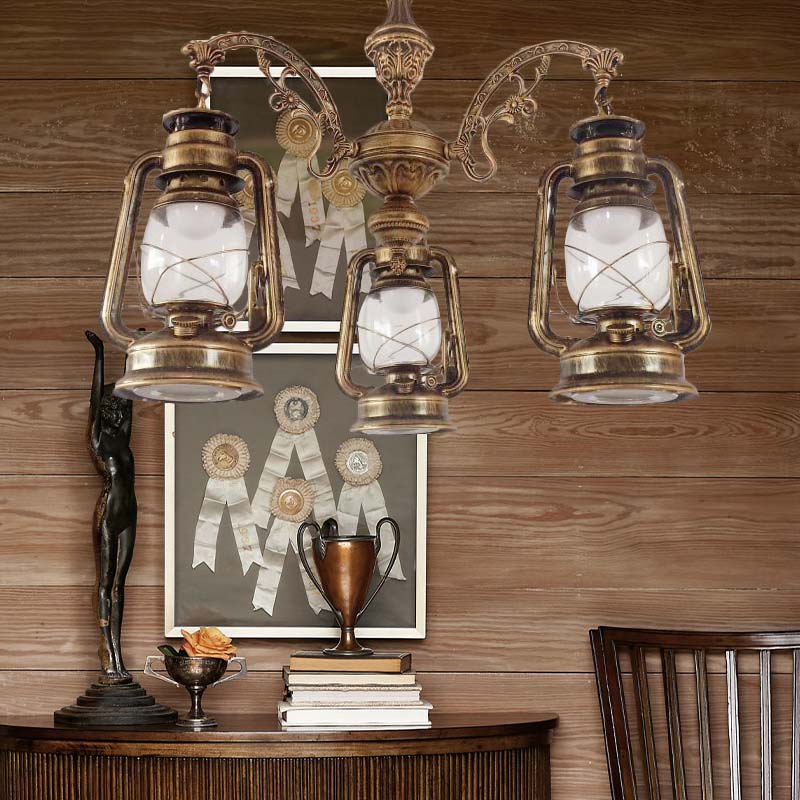 Clear Glass Black/Silver/Red Chandelier Light Lantern 3-Light Industrial Pendant Lamp for Kitchen Brass Clearhalo 'Cast Iron' 'Ceiling Lights' 'Chandeliers' 'Industrial Chandeliers' 'Industrial' 'Metal' 'Middle Century Chandeliers' 'Rustic Chandeliers' 'Tiffany' Lighting' 158457