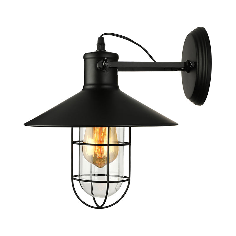 1 Light Clear Glass Wall Sconce Light Traditional Black/Rust Caged Coffee Shop Lighting Fixture Clearhalo 'Art deco wall lights' 'Cast Iron' 'Glass' 'Industrial wall lights' 'Industrial' 'Middle century wall lights' 'Modern' 'Rustic wall lights' 'Tiffany' 'Traditional wall lights' 'Wall Lamps & Sconces' 'Wall Lights' Lighting' 158892