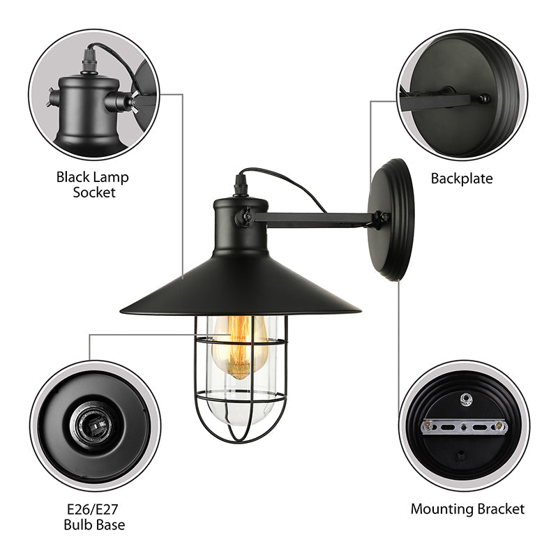 1 Light Clear Glass Wall Sconce Light Traditional Black/Rust Caged Coffee Shop Lighting Fixture Clearhalo 'Art deco wall lights' 'Cast Iron' 'Glass' 'Industrial wall lights' 'Industrial' 'Middle century wall lights' 'Modern' 'Rustic wall lights' 'Tiffany' 'Traditional wall lights' 'Wall Lamps & Sconces' 'Wall Lights' Lighting' 158894