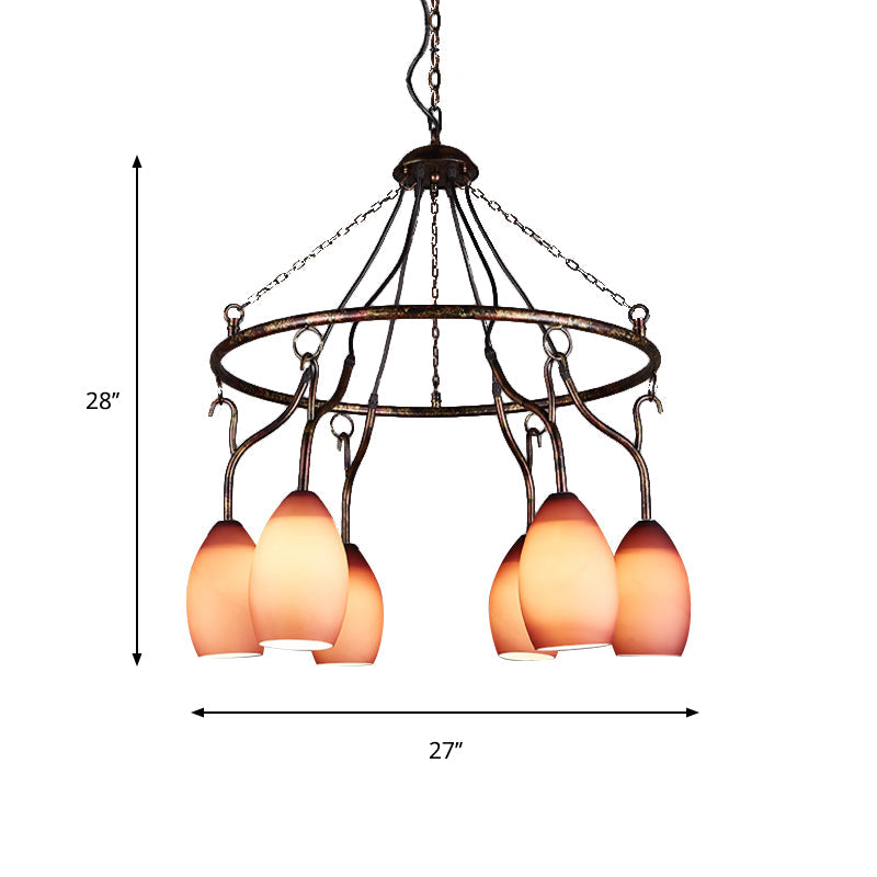 6 Lights Ring Hanging Light with Pink Melon Shade Antique Glass Chandelier for Cafe Clearhalo 'Ceiling Lights' 'Chandeliers' Lighting' options 159000