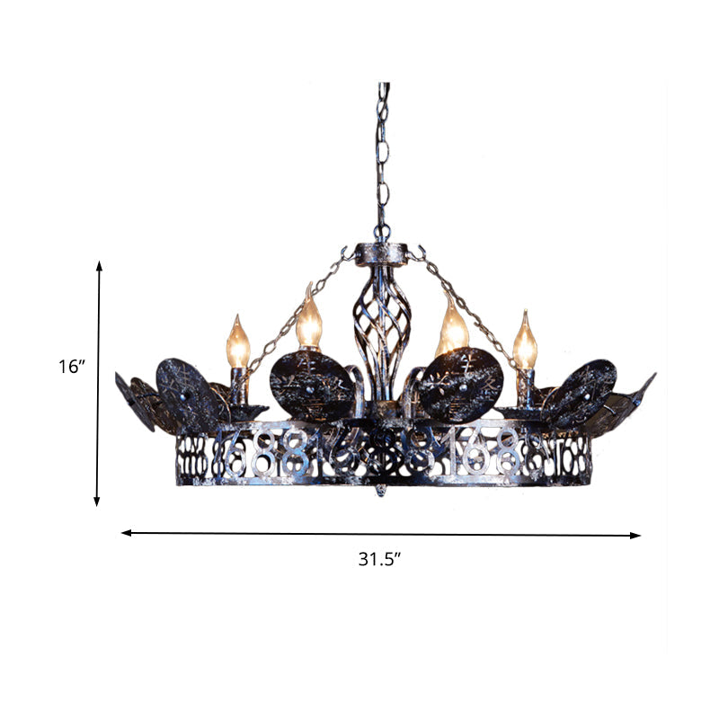 Etched Circular Coffee Shop Hanging Light Antique Wrought Iron 6 Heads Rust Chandelier Lamp with Bare Bulb Clearhalo 'Ceiling Lights' 'Chandeliers' Lighting' options 159088