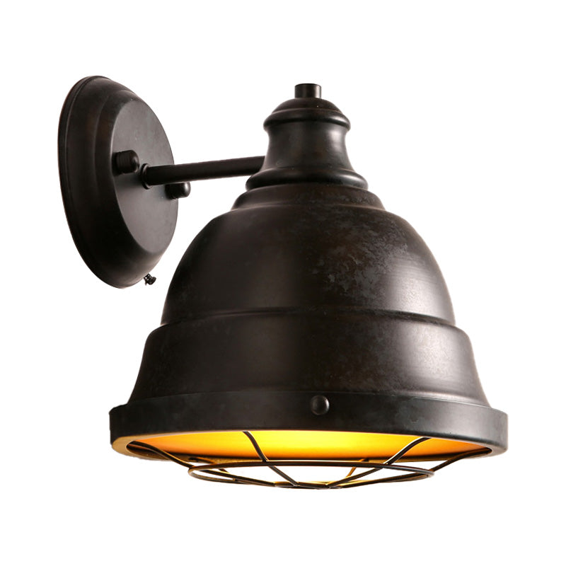 1 Light Dome Wall Lamp with Wire Cage Vintage Style Black/Weathered Copper Iron Wall Sconce for Staircase Clearhalo 'Art deco wall lights' 'Cast Iron' 'Glass' 'Industrial wall lights' 'Industrial' 'Middle century wall lights' 'Modern' 'Rustic wall lights' 'Tiffany' 'Traditional wall lights' 'Wall Lamps & Sconces' 'Wall Lights' Lighting' 159124