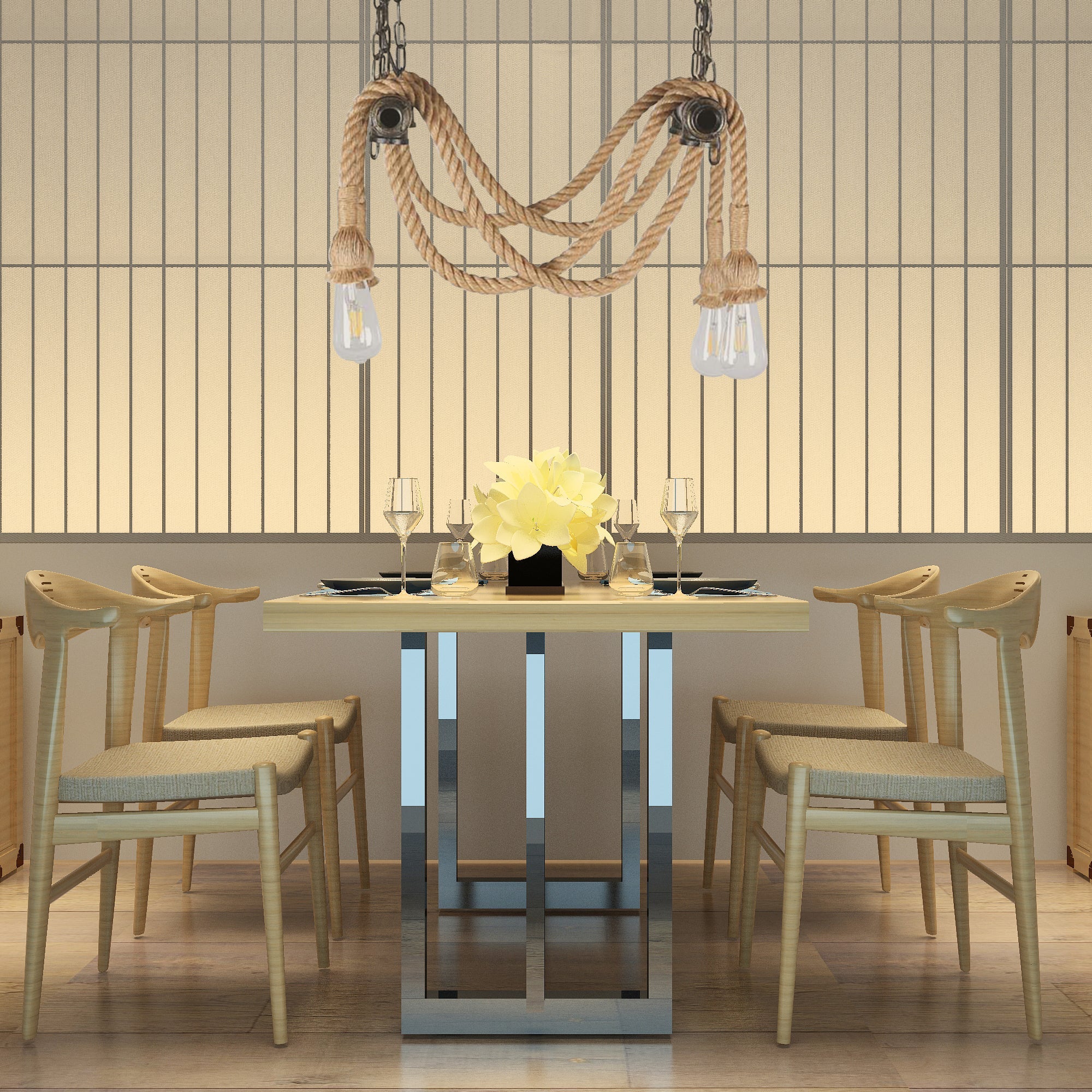 Wrought Iron Bronze Suspension Light Open Bulb 4 Lights Antique Style Chandelier Lamp with Hemp Rope for Bar Clearhalo 'Ceiling Lights' 'Chandeliers' 'Industrial Chandeliers' 'Industrial' 'Middle Century Chandeliers' 'Tiffany' Lighting' 159376