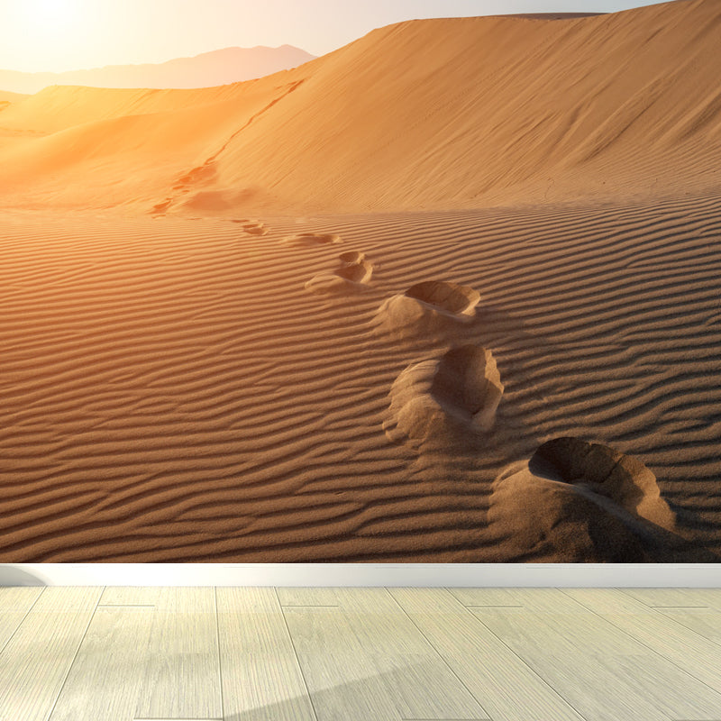 Huge Footprint Mural Wallpaper Modern Beautiful Sunset Desert Wall Decor in Yellow Yellow Clearhalo 'Wall Decor' 'Wall Mural' 1594935